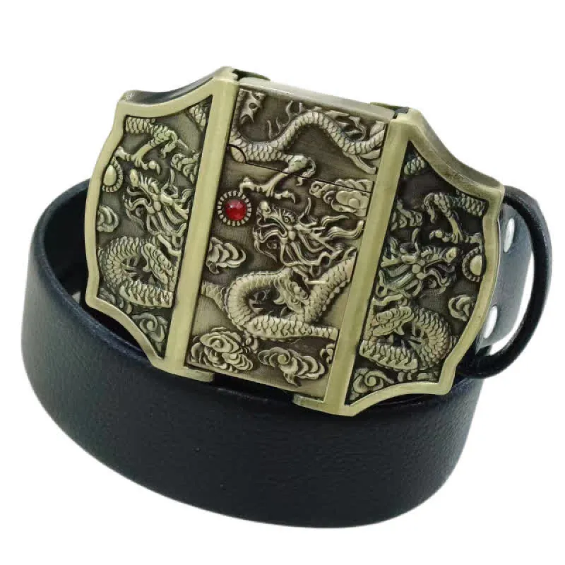 Men's Triple Dragons Relief Leather Belt With Hidden Lighter sold by FloralTrip