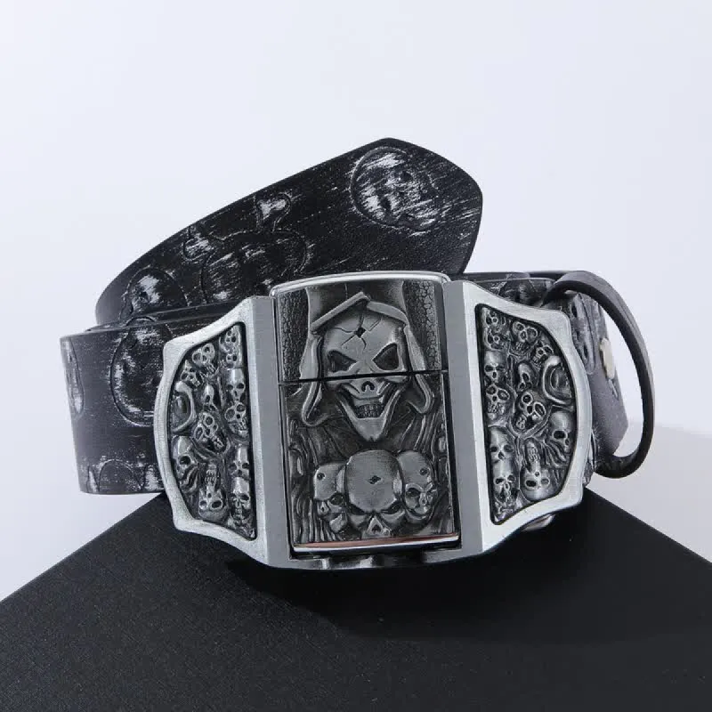 Men's Death Ghost Skeleton Pattern Leather Belt With Hidden Lighter sold by FloralTrip