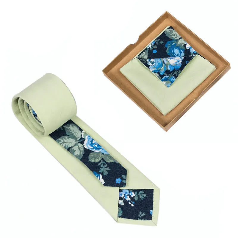 2Pcs Men's Light Green Cotton Patchwork Floral Necktie Set sold by FloralTrip