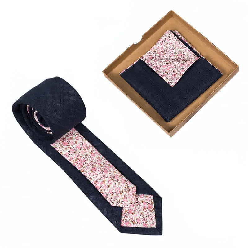 2Pcs Men's Dark Navy Cotton Patchwork Floral Necktie Set sold by FloralTrip