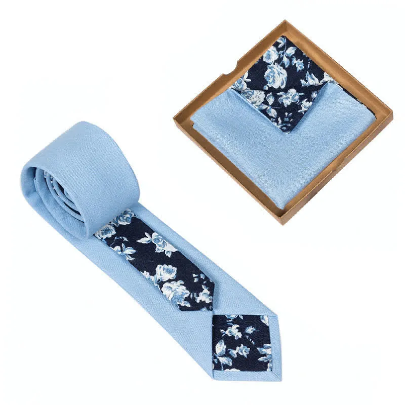 2Pcs Men's Sky Blue Cotton Patchwork Floral Necktie Set sold by FloralTrip