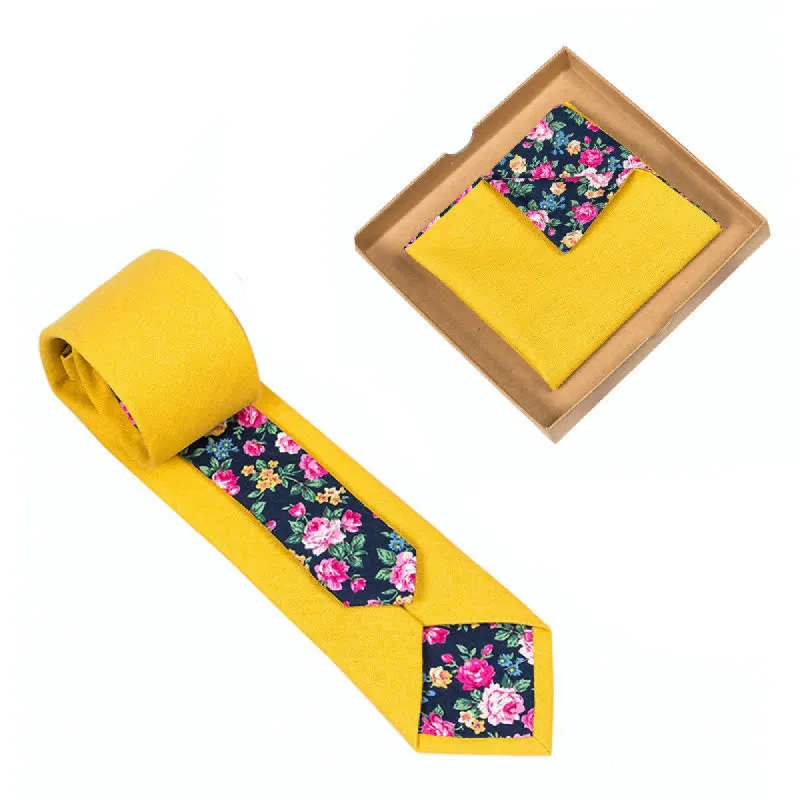 2Pcs Men's Marigold Yellow Cotton Patchwork Floral Necktie Set sold by FloralTrip