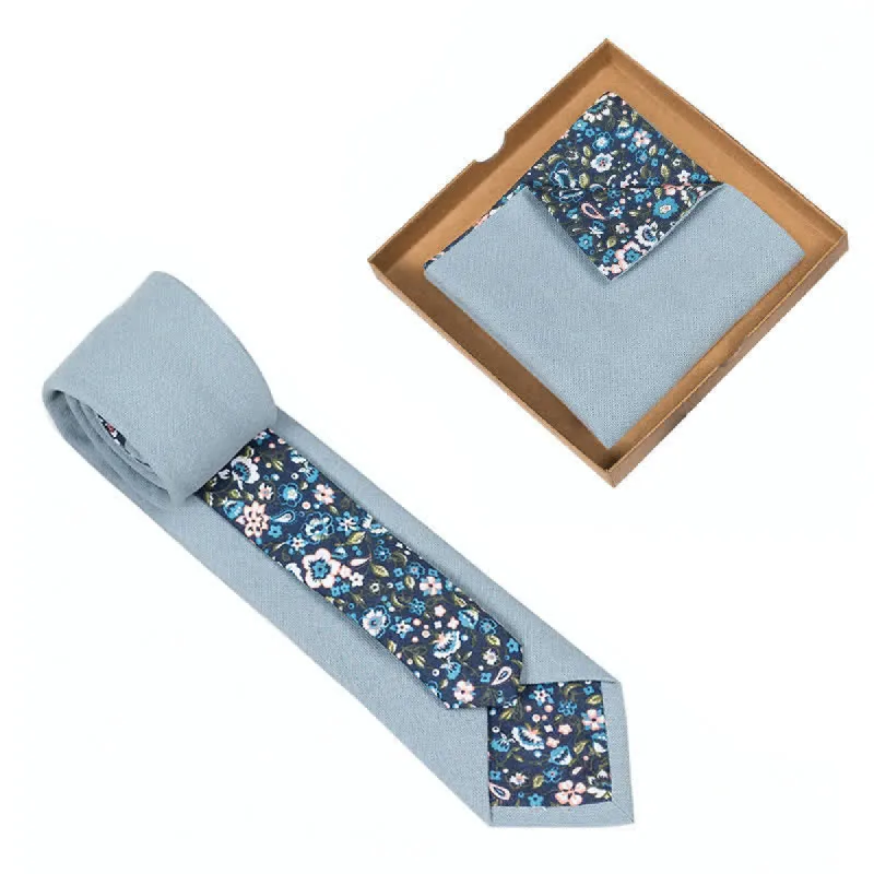 2Pcs Men's Dusty Blue Cotton Patchwork Floral Necktie Set sold by FloralTrip