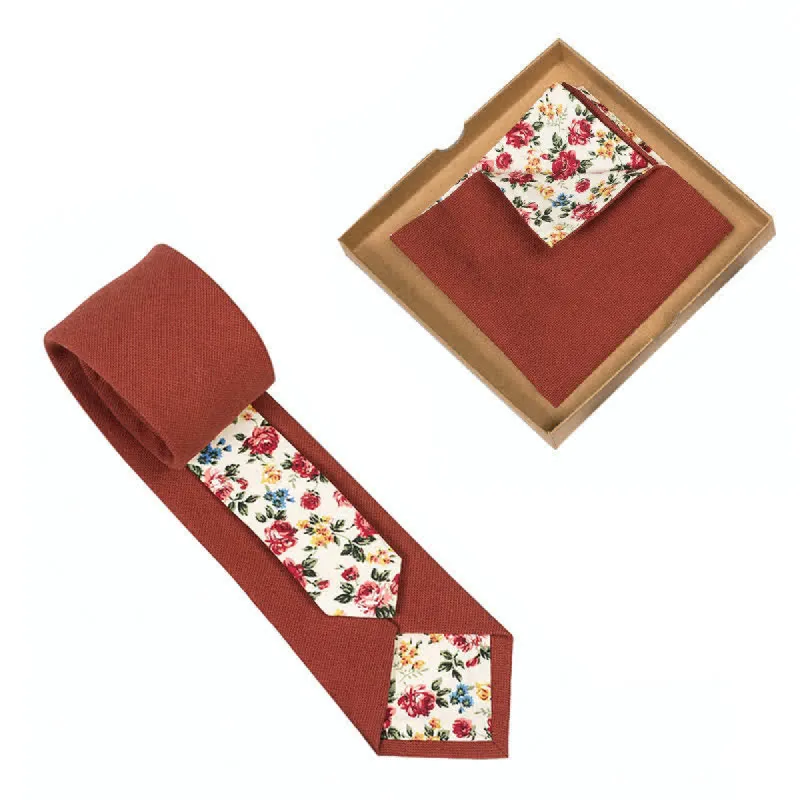 2Pcs Men's Brick Red Cotton Patchwork Floral Necktie Set sold by FloralTrip