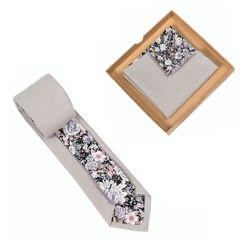 2Pcs Men's Pale Gray Cotton Patchwork Floral Necktie Set sold by FloralTrip