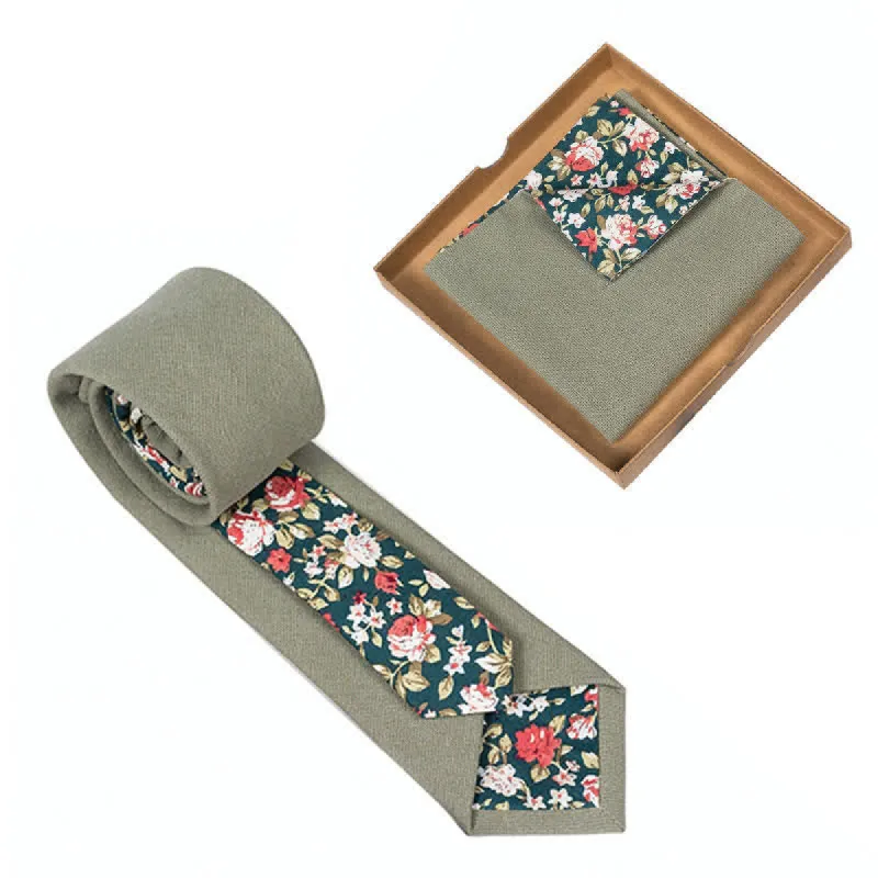 2Pcs Men's Olive Green Cotton Floral Necktie Set sold by FloralTrip