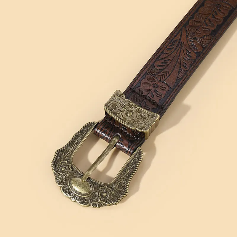 Bronze Carved Buckle Boho Floral Embossment Leather Belt sold by FloralTrip product image thumbnail 3