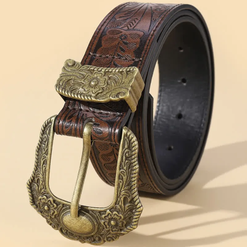 Bronze Carved Buckle Boho Floral Embossment Leather Belt sold by FloralTrip