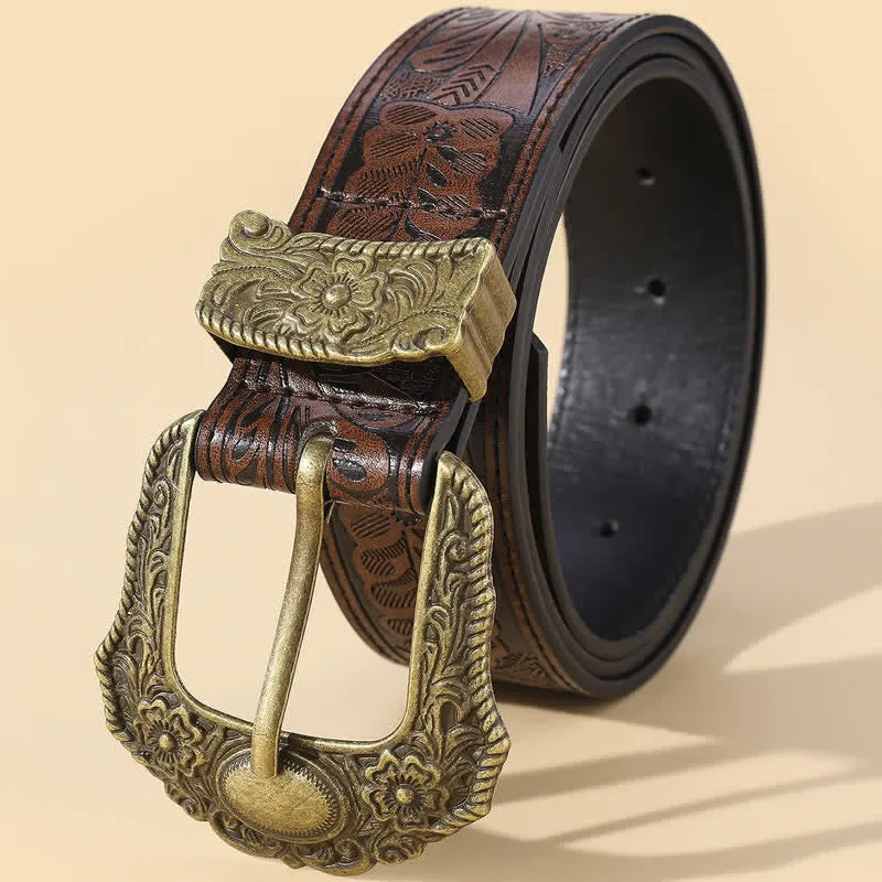 Bronze Carved Buckle Boho Floral Embossment Leather Belt sold by FloralTrip