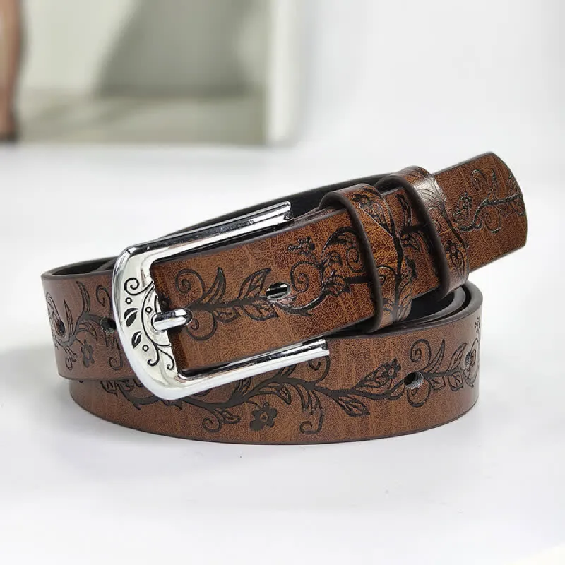 Women's Embossed Leaves Flowers Pattern Leather Belt sold by FloralTrip