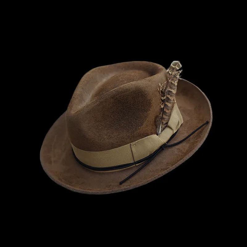 Camel Distressed Feather Decoration Felt Cowboy Hat sold by FloralTrip