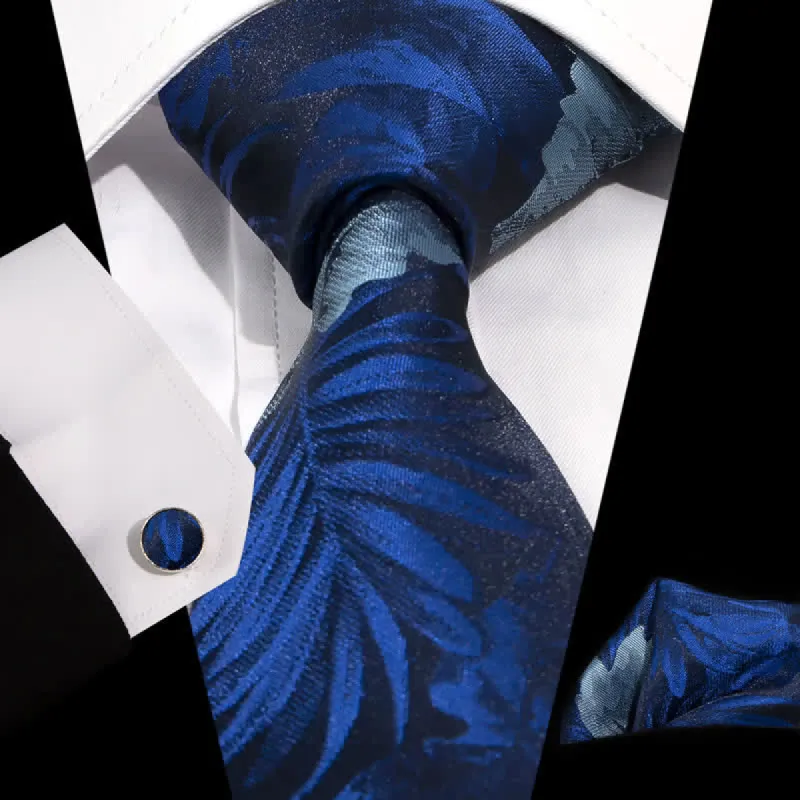 3Pcs Men's Classy Navy Blue & Sky Blue Flower Necktie Set sold by FloralTrip