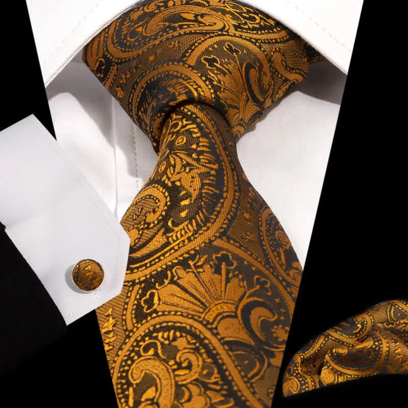 3Pcs Men's Luxurious Gold & Black Paisley Pattern Necktie Set sold by FloralTrip