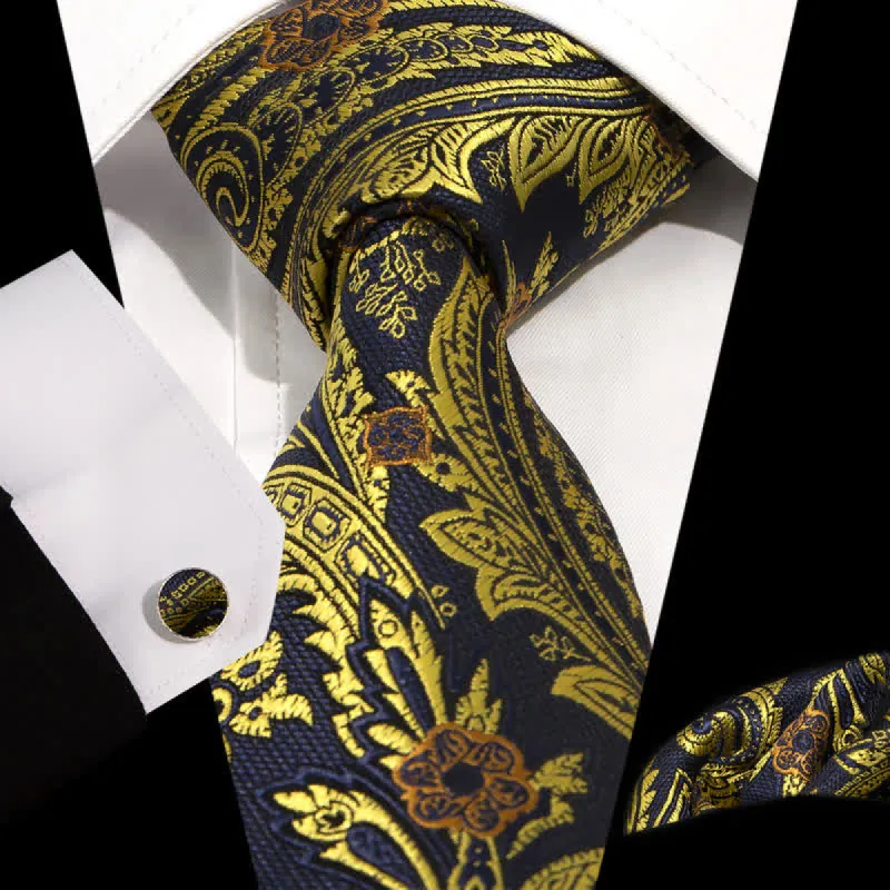 3Pcs Men's Yellow & Black Paisley Woven Flower Necktie Set sold by FloralTrip
