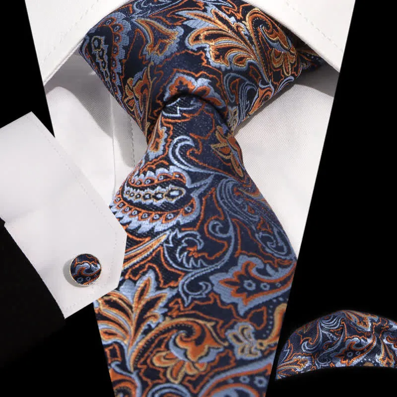 3Pcs Men's Beautiful Blue & Orange Paisley Necktie Set sold by FloralTrip