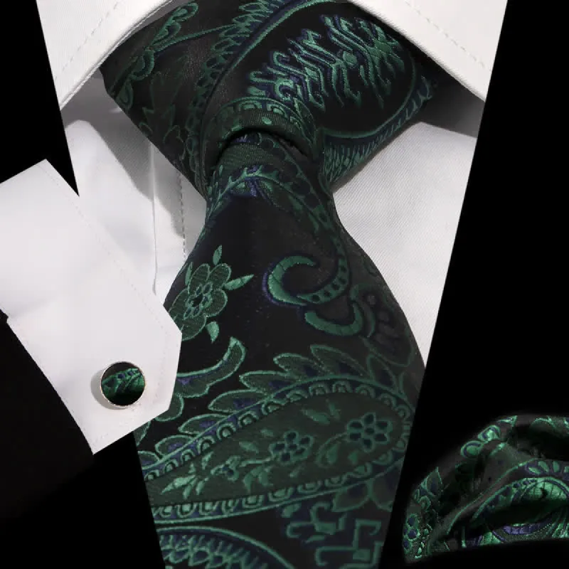 3Pcs Men's Mysterious Dark Green & Black Paisley Necktie Set sold by FloralTrip
