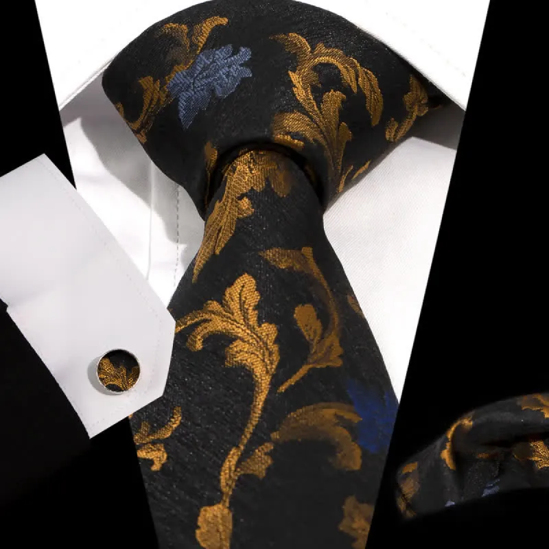3Pcs Men's Black & Gold Leaves Blue Flower Necktie Set sold by FloralTrip