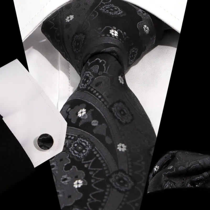 3Pcs Men's Classic Black Little White Flower Necktie Set sold by FloralTrip