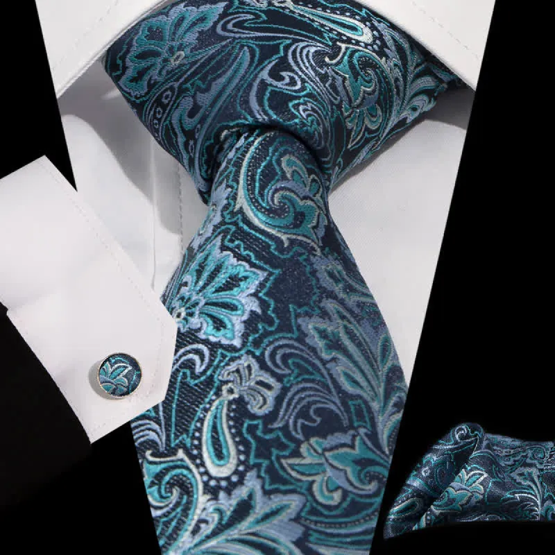 3Pcs Men's DarkTurquoise Paisley Flower Pattern Necktie Set sold by FloralTrip