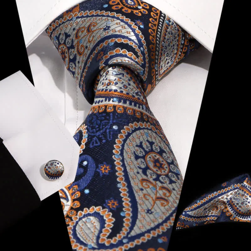 3Pcs Men's Navy White Orange Paisley Jacquard Necktie Set sold by FloralTrip