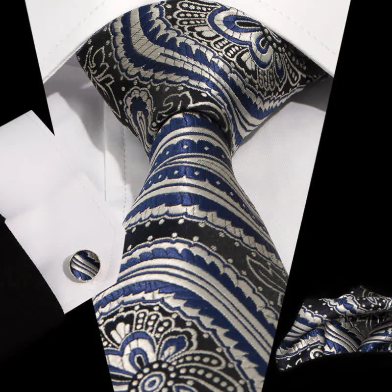 3Pcs Men's Novelty Blue Silver Paisley Jacquard Necktie Set sold by FloralTrip