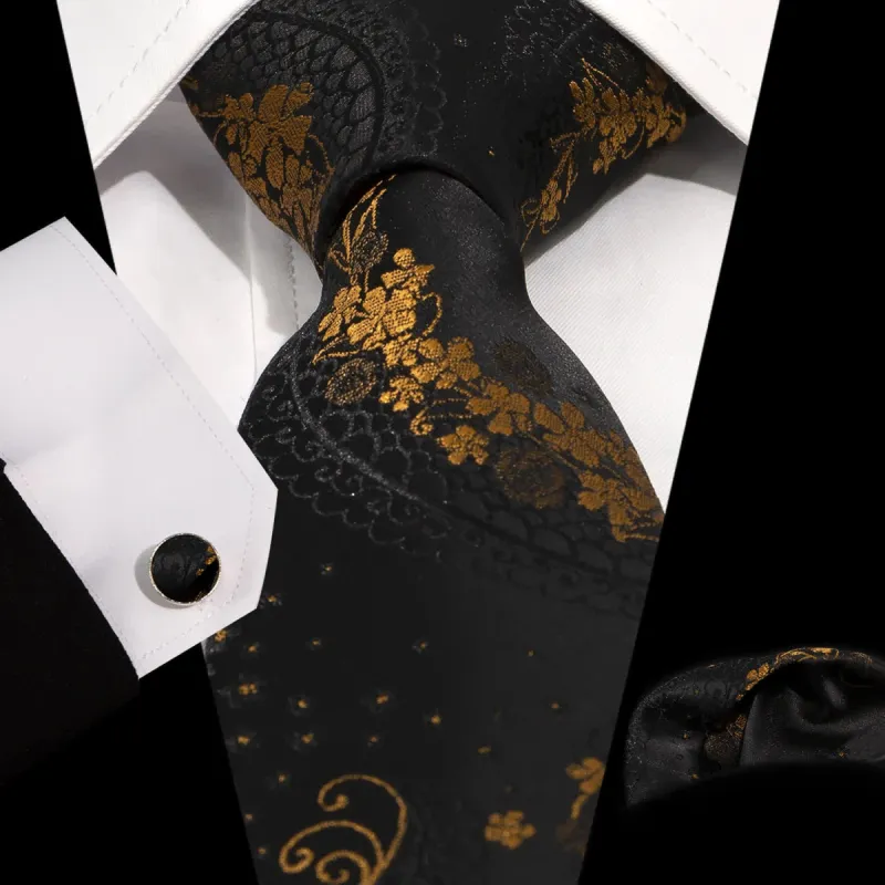3Pcs Men's Gold & Black Exquisite Paisley Embroidery Necktie Set sold by FloralTrip