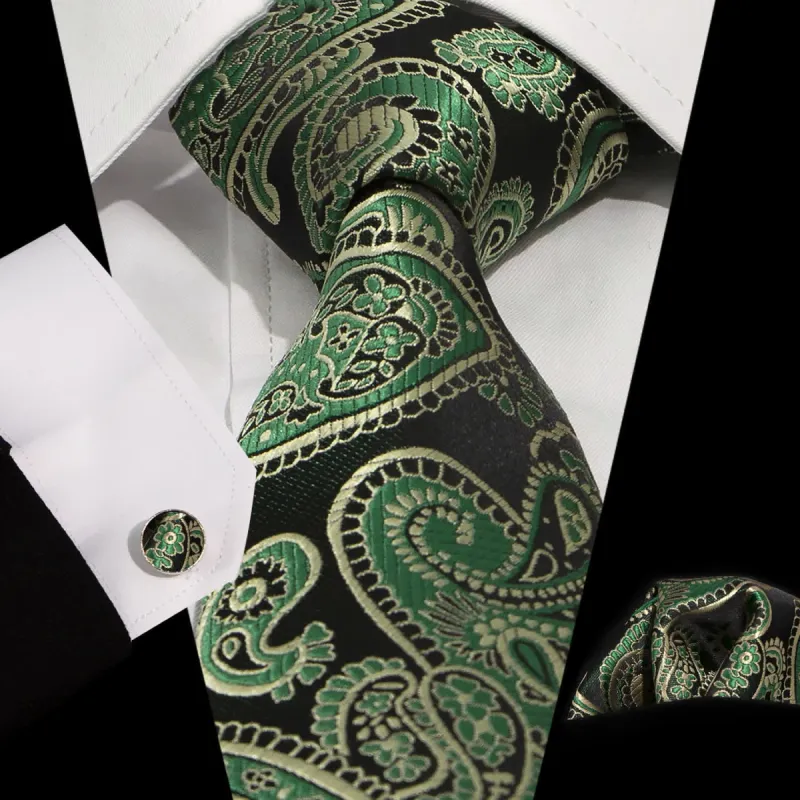 3Pcs Men's Green & Black Shade Paisley Necktie Set sold by FloralTrip