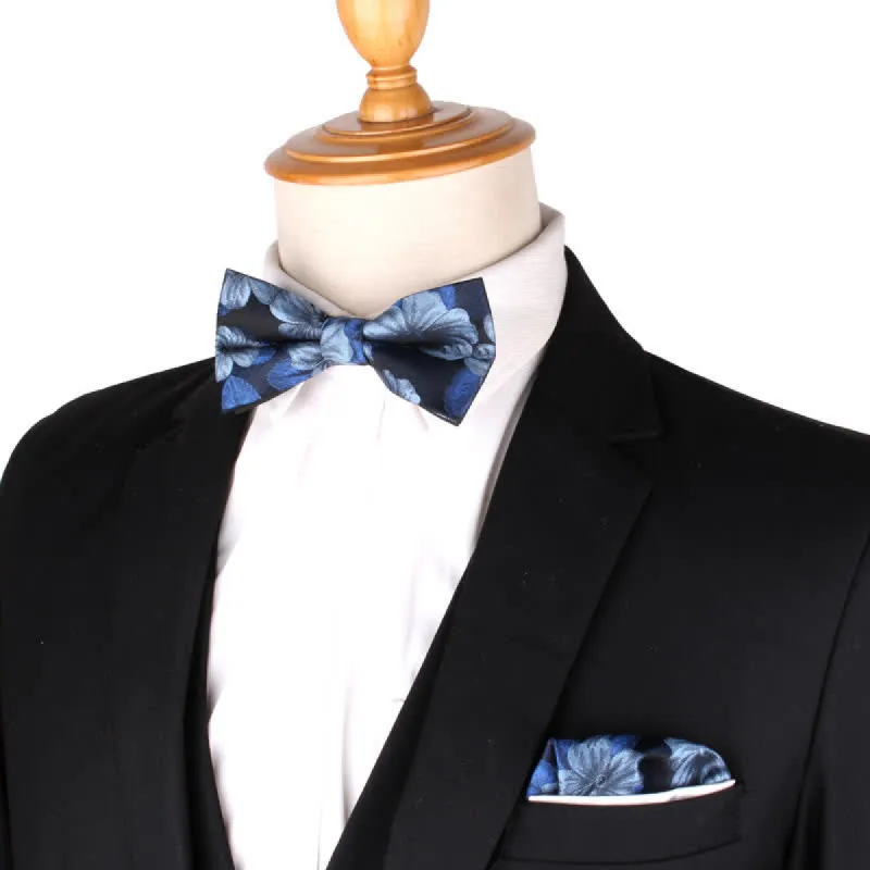 2Pcs Men's Blue & Navy Floral Pocket Square Bow Tie Set sold by FloralTrip