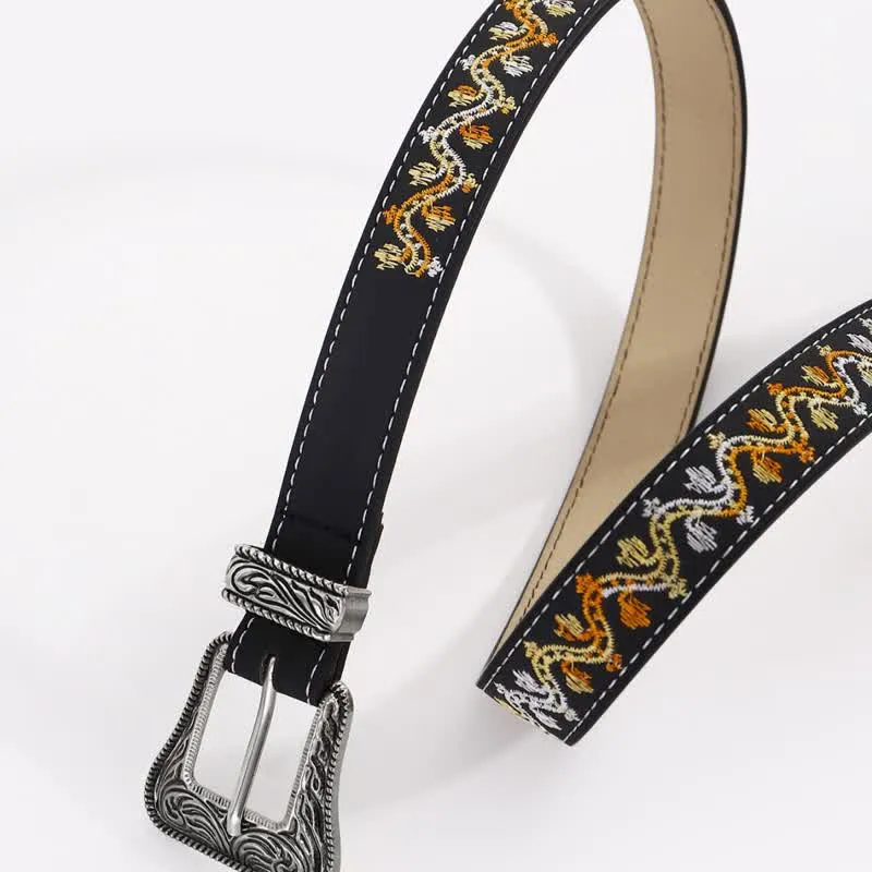 Women's Black Orange & White Embroidery Leather Belt sold by FloralTrip product image thumbnail 2