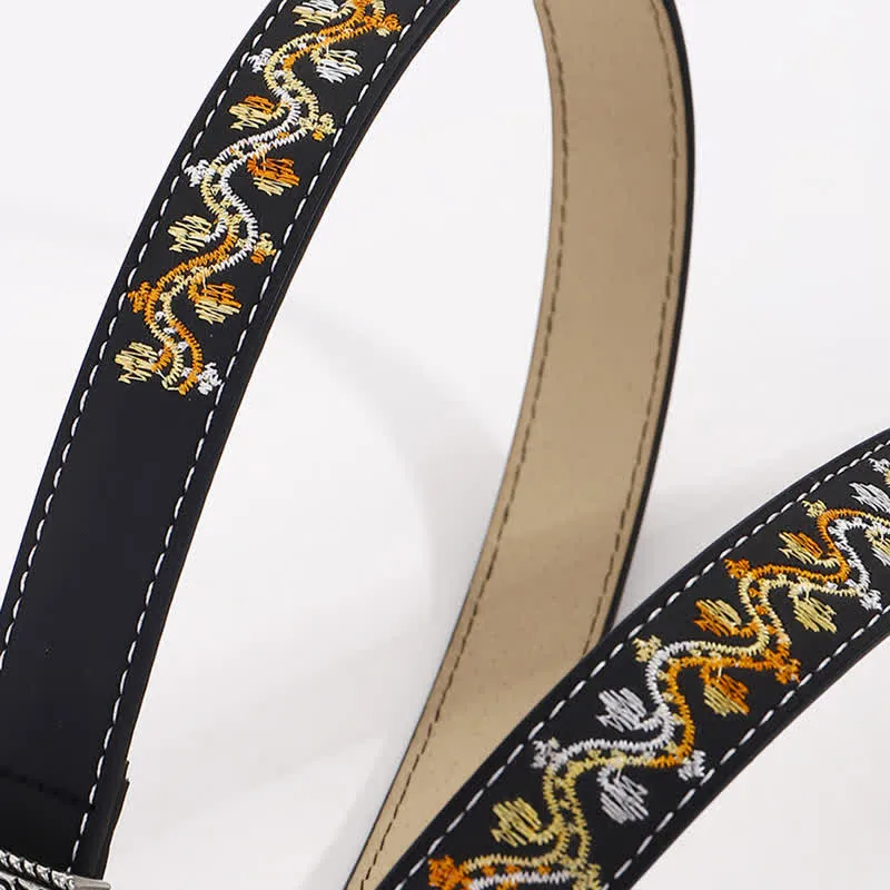 Women's Black Orange & White Embroidery Leather Belt sold by FloralTrip product image thumbnail 3