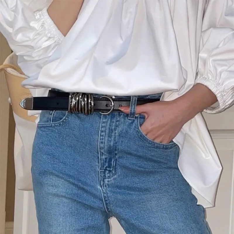 Women's Personalized Punk Style Metal Ring Buckle Leather Belt sold by FloralTrip