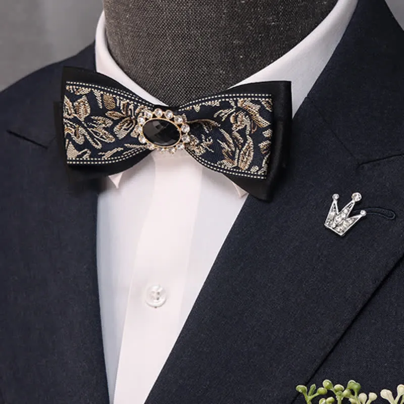 Men's Black Crystal Narrow Double Layers Bow Tie sold by FloralTrip