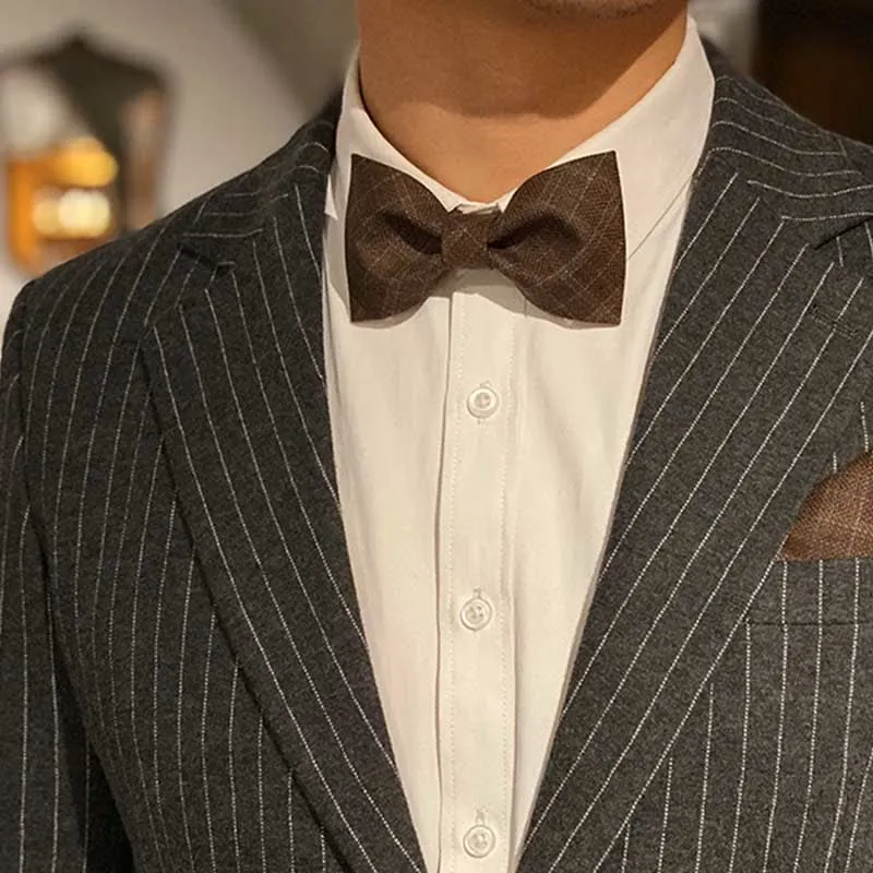 Men's British Style Vintage Dark Brown Plaid Bow Tie sold by FloralTrip product image thumbnail 2