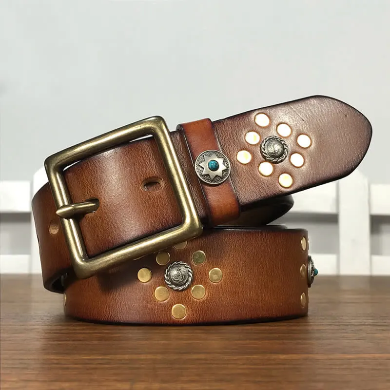 Gold Rivets Studs Vintage Indian Style Leather Belt sold by FloralTrip