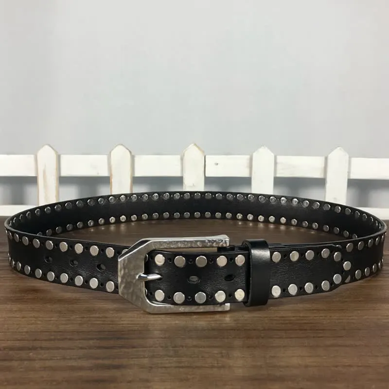 Hammer Buckle Two Rows Rivets Studs Leather Belt sold by FloralTrip product image thumbnail 5