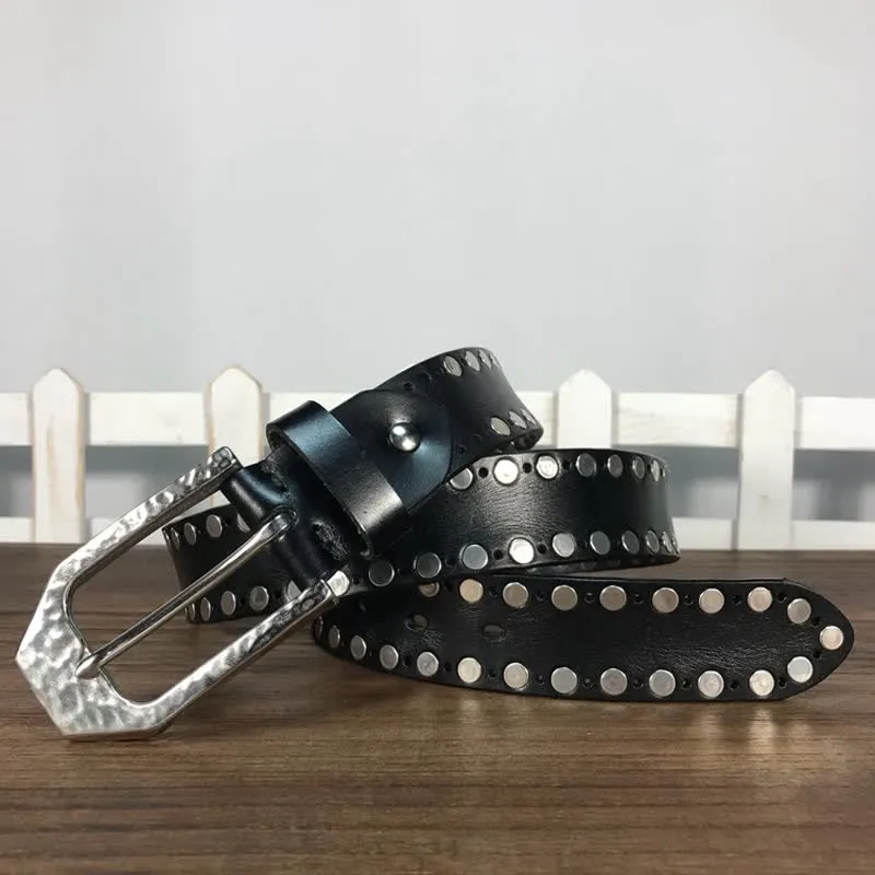 Hammer Buckle Two Rows Rivets Studs Leather Belt sold by FloralTrip product image thumbnail 3