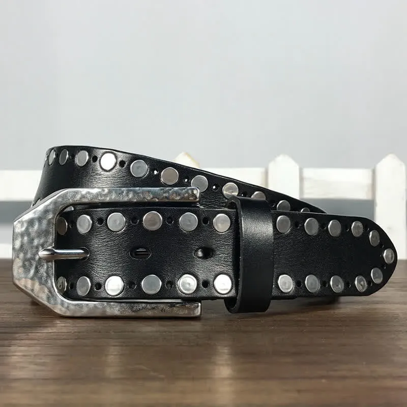 Hammer Buckle Two Rows Rivets Studs Leather Belt sold by FloralTrip product image thumbnail 4