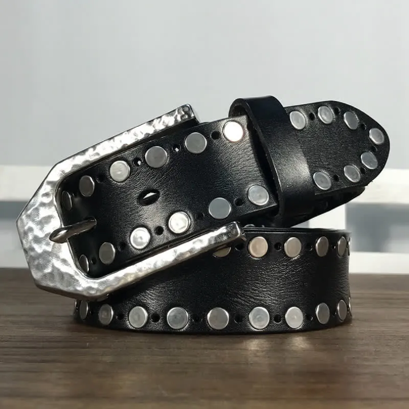 Hammer Buckle Two Rows Rivets Studs Leather Belt sold by FloralTrip