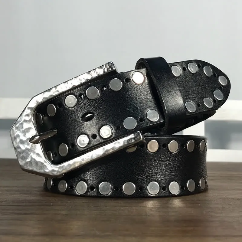 Hammer Buckle Two Rows Rivets Studs Leather Belt sold by FloralTrip