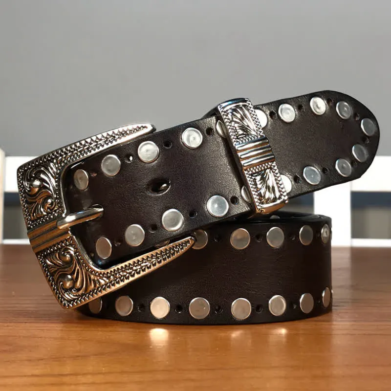 Western Two Rows Round Rivets Studded Leather Belt sold by FloralTrip