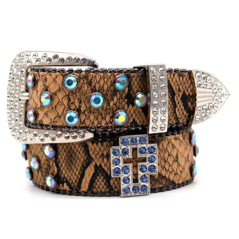 Brown Snake Pattern Sparkling Cross Rivets Leather Belt sold by FloralTrip