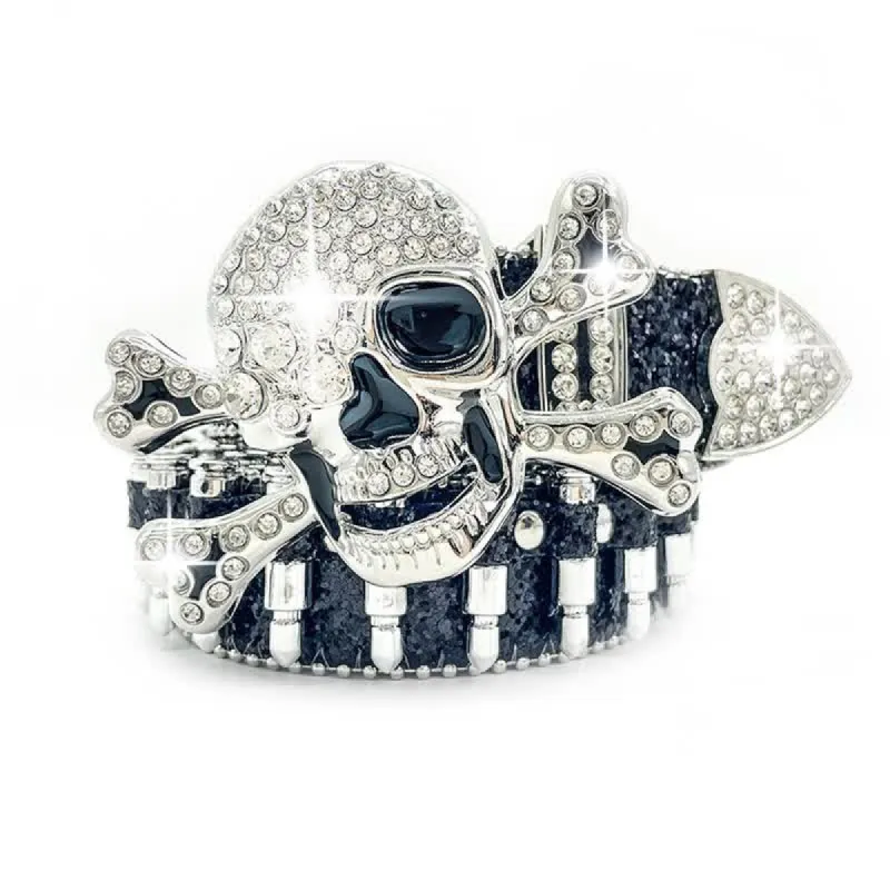 Large Rhinestone Skull Buckle Bullet Rivets Leather Belt sold by FloralTrip