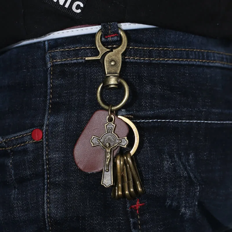 Retro Hanging Cross Faith Design Leather Keychain sold by FloralTrip product image thumbnail 2