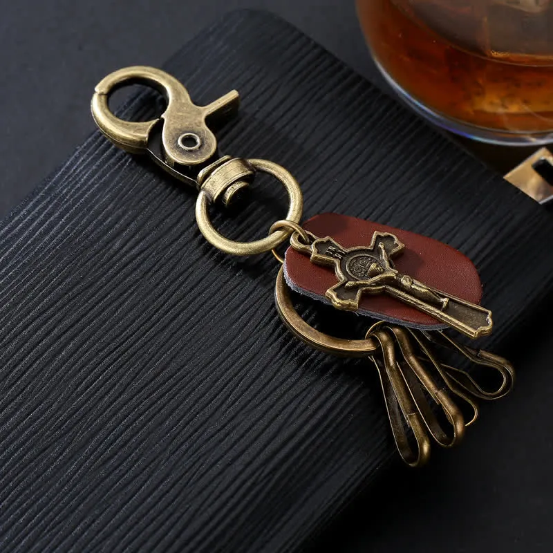 Retro Hanging Cross Faith Design Leather Keychain sold by FloralTrip