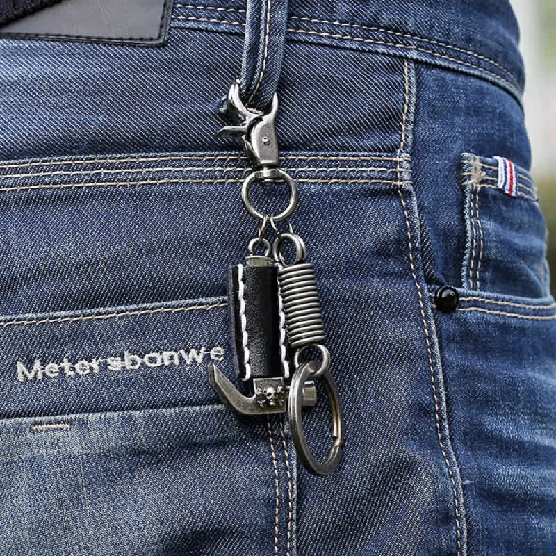 Street Style Hammer Carved Skull Leather Keychain sold by FloralTrip