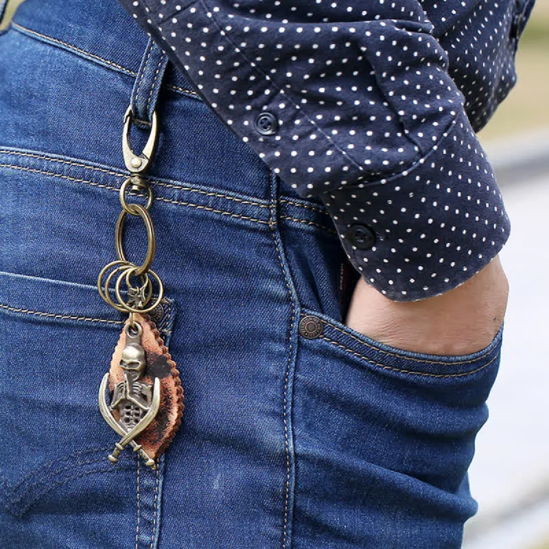 Punk Skeleton Bronze Plated Leather Keychain sold by FloralTrip