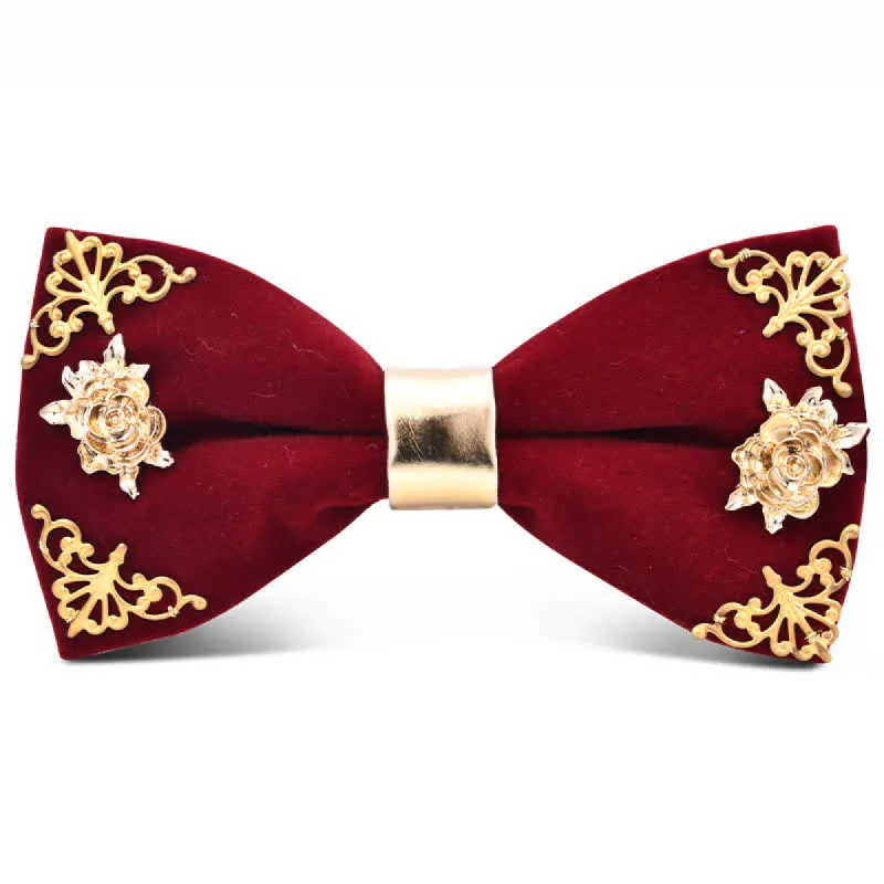Men's Dark Burgundy Gold Metal Flower Leaves Bow Tie sold by FloralTrip