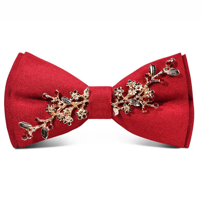 Men's Dark Burgundy Gold Metal Flower Leaves Bow Tie sold by FloralTrip product image thumbnail 3