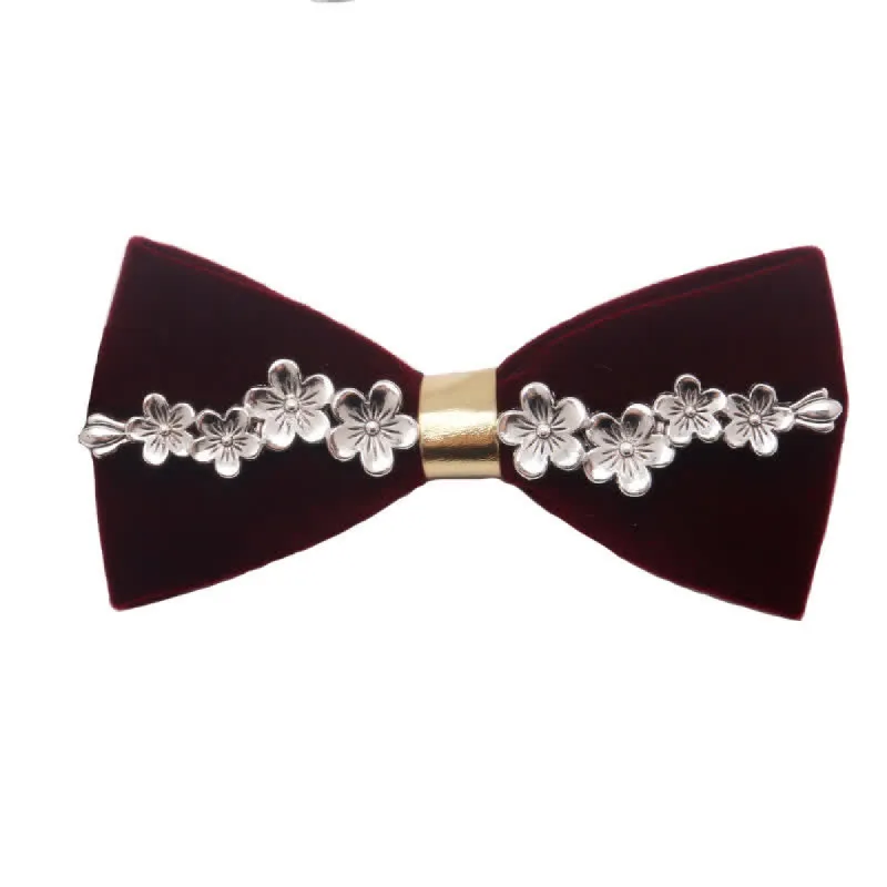 Men's Dark Burgundy Gold Silver Floral Metal Bow Tie sold by FloralTrip