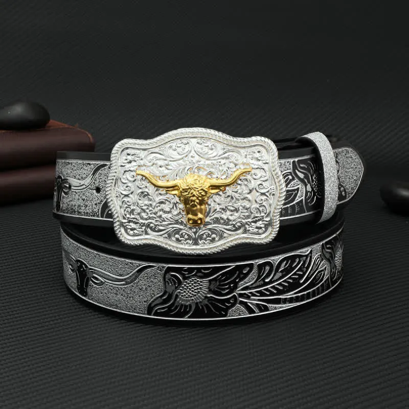 Men's Bull Black Silver Floral Embossed Print Leather Belt sold by FloralTrip
